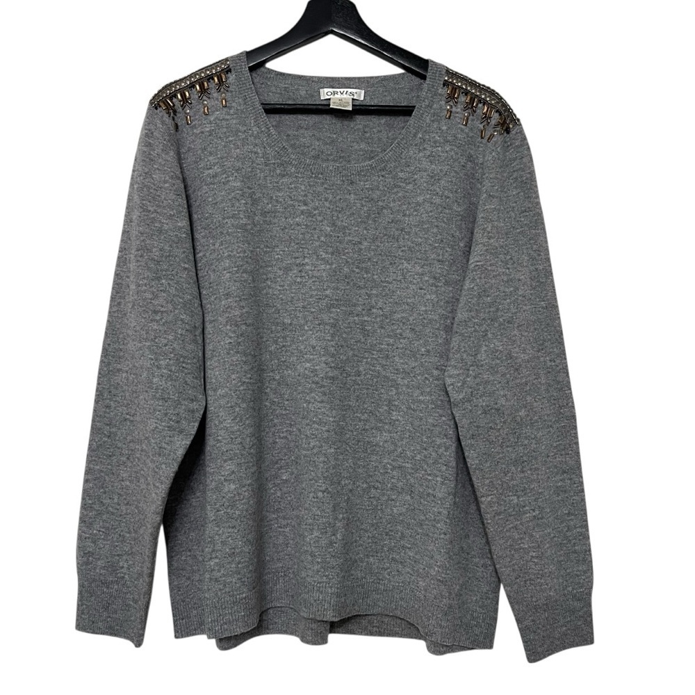 Orvis Women’s Cashmere Embellished Shoulder Sweater Grey Size XL Cozy Southwest